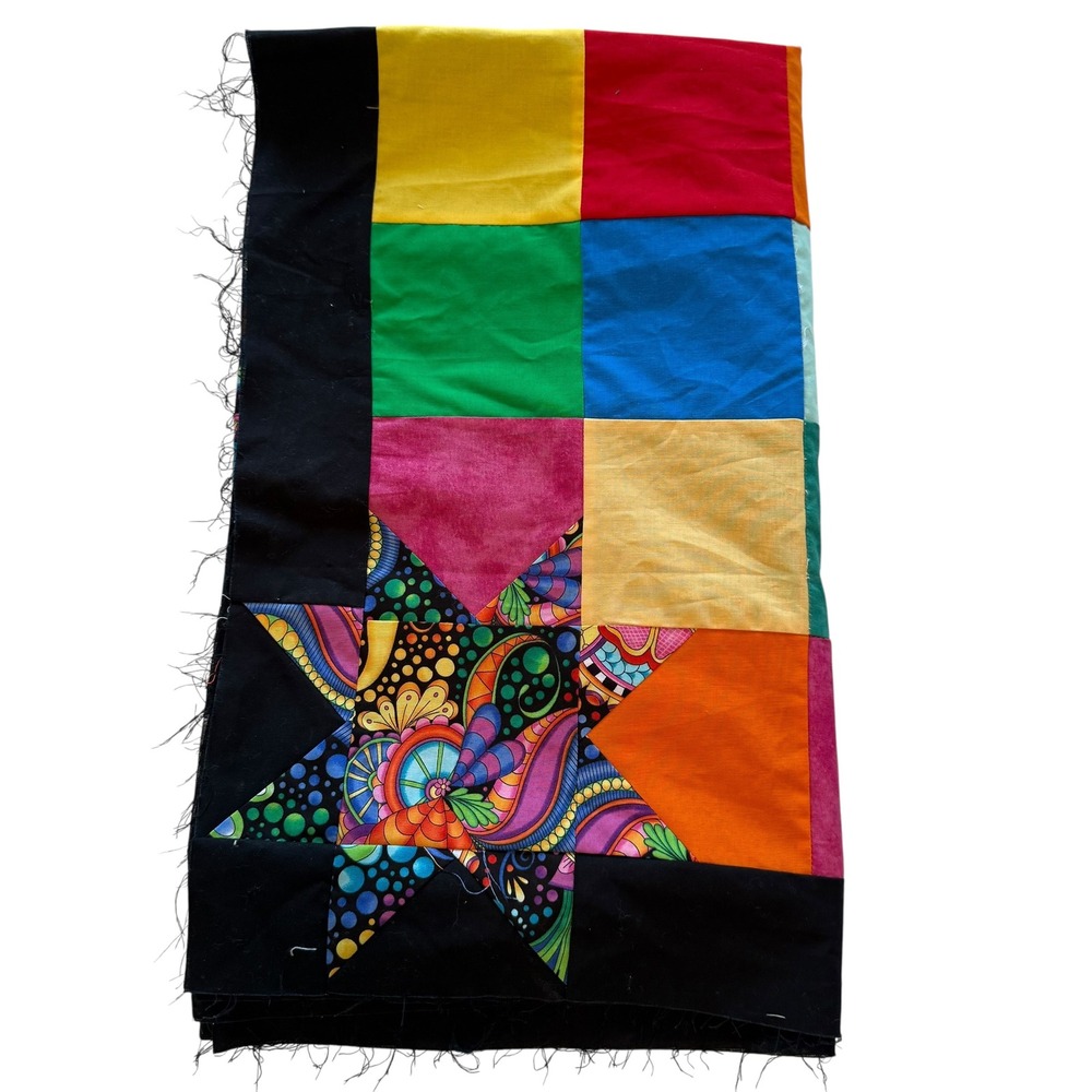 Handmade Rainbow Patchwork Quilt Top Psychedelic Star Applique 41x50 Black Trim - Picture 5 of 8
